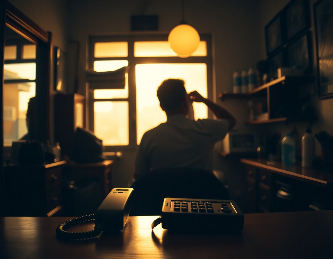 Barbearia em fim de tarde, celular na bancada