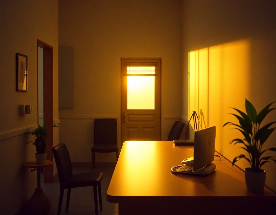 Recepção de clínica em luz quente de fim de dia