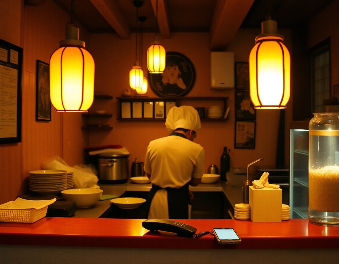 Balcão de restaurante japonês em serviço noturno